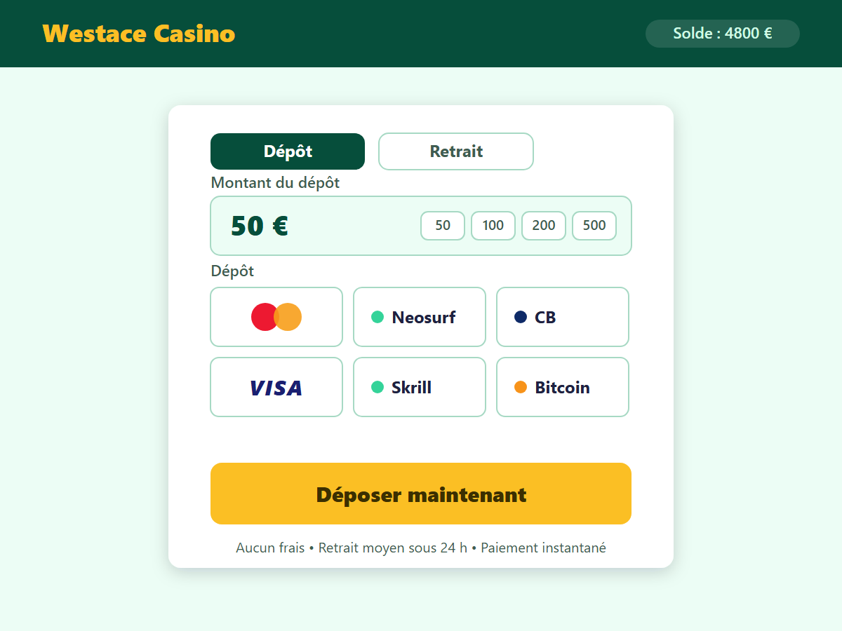 Page de dépôt Westace Casino — méthodes de paiement