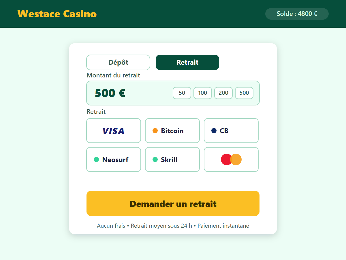 Page de dépôt Westace Casino — méthodes de paiement